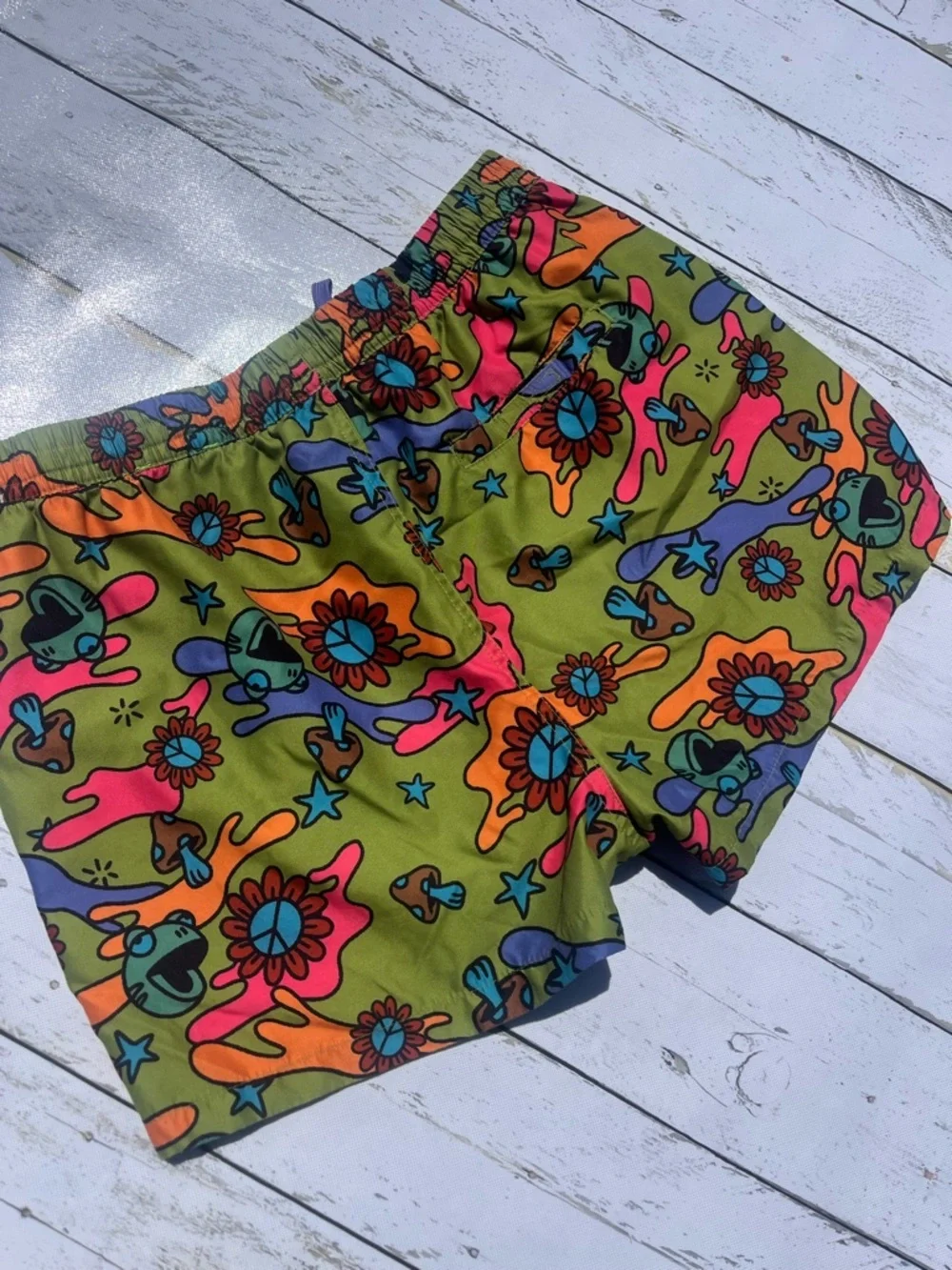 aLab mushroom peace sign SHORTY Swim Shorts Large